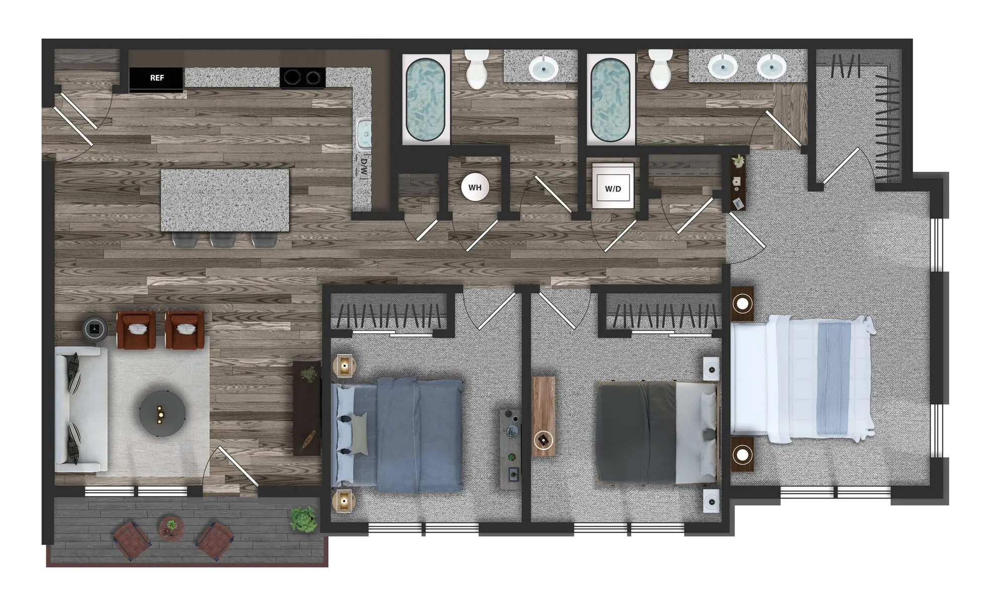 Modern Apartment Floor Plan A detailed floor plan of an apartment layout featuring two bedrooms, two bathrooms, a kitchen, and a living area, all illustrated in a modern design.