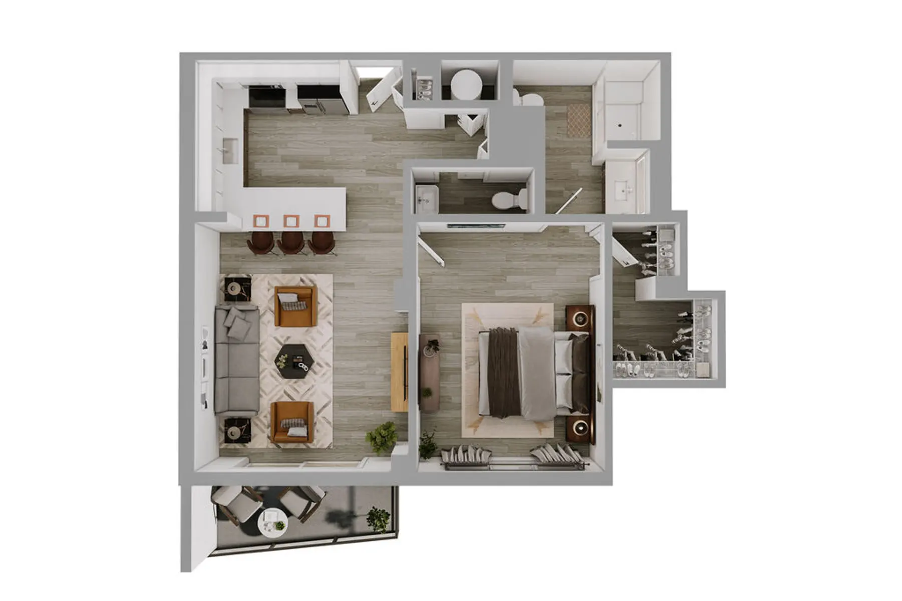 A modern apartment floor plan that includes a living room, dining area, kitchen, bedroom, and a bathroom, showcasing an efficient use of space.