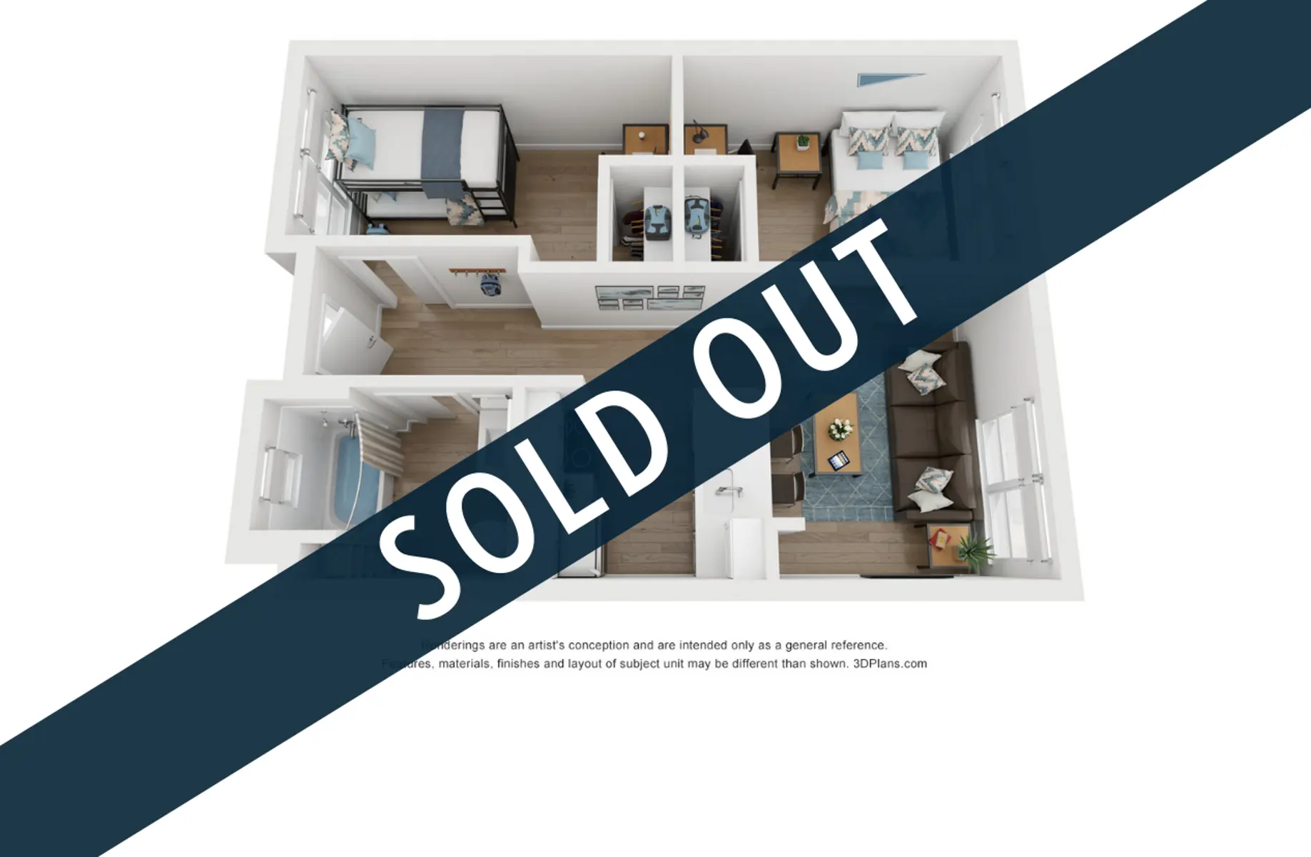 An architectural floor plan rendering of an apartment layout marked with a large 'SOLD OUT' label across it.