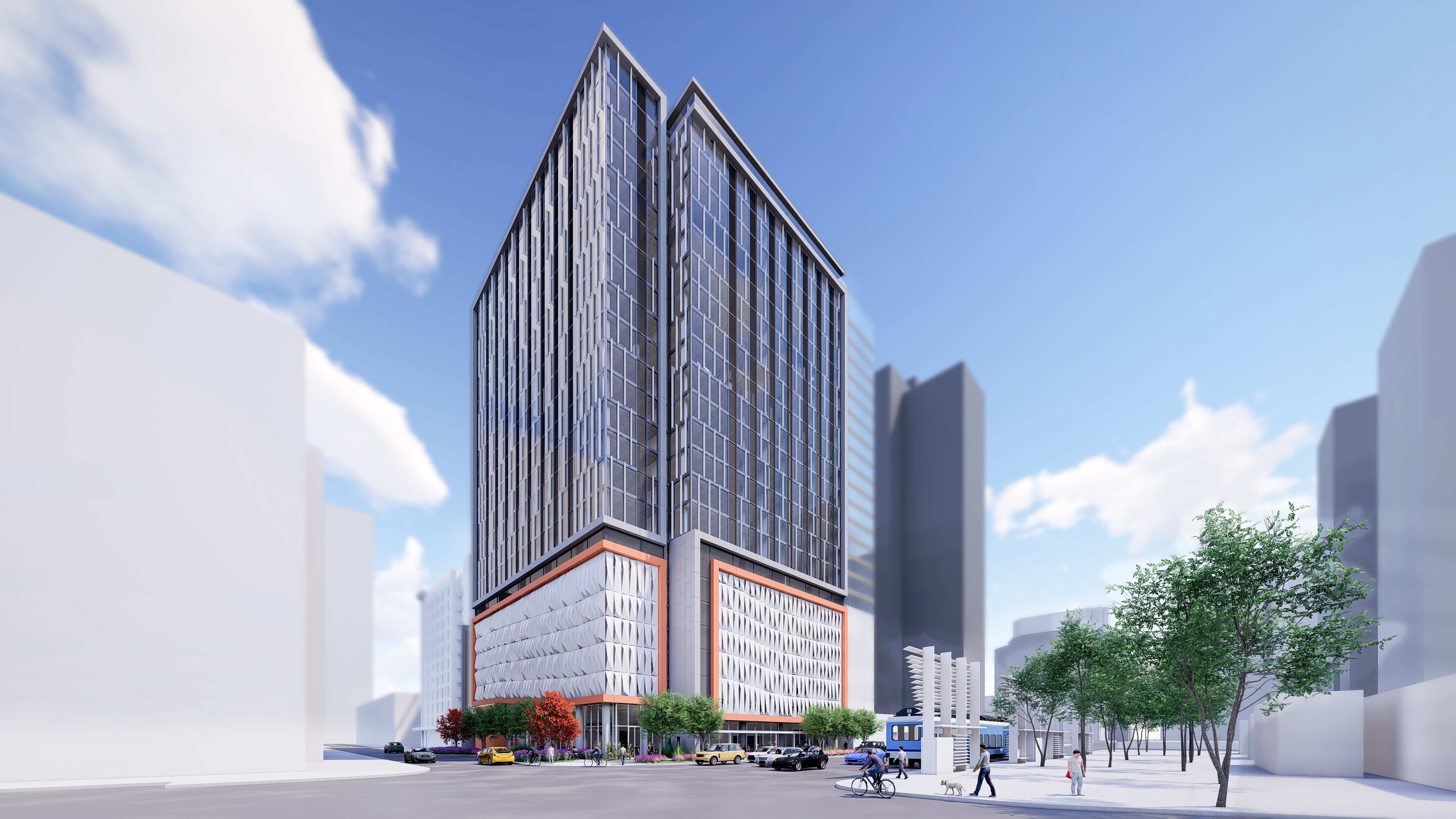 Contemporary Skyscraper in Urban Landscape A modern skyscraper featuring a contemporary design with glass facades, set in a bustling urban environment. The building includes greenery and vehicles at street level, depicting a vibrant city scene.