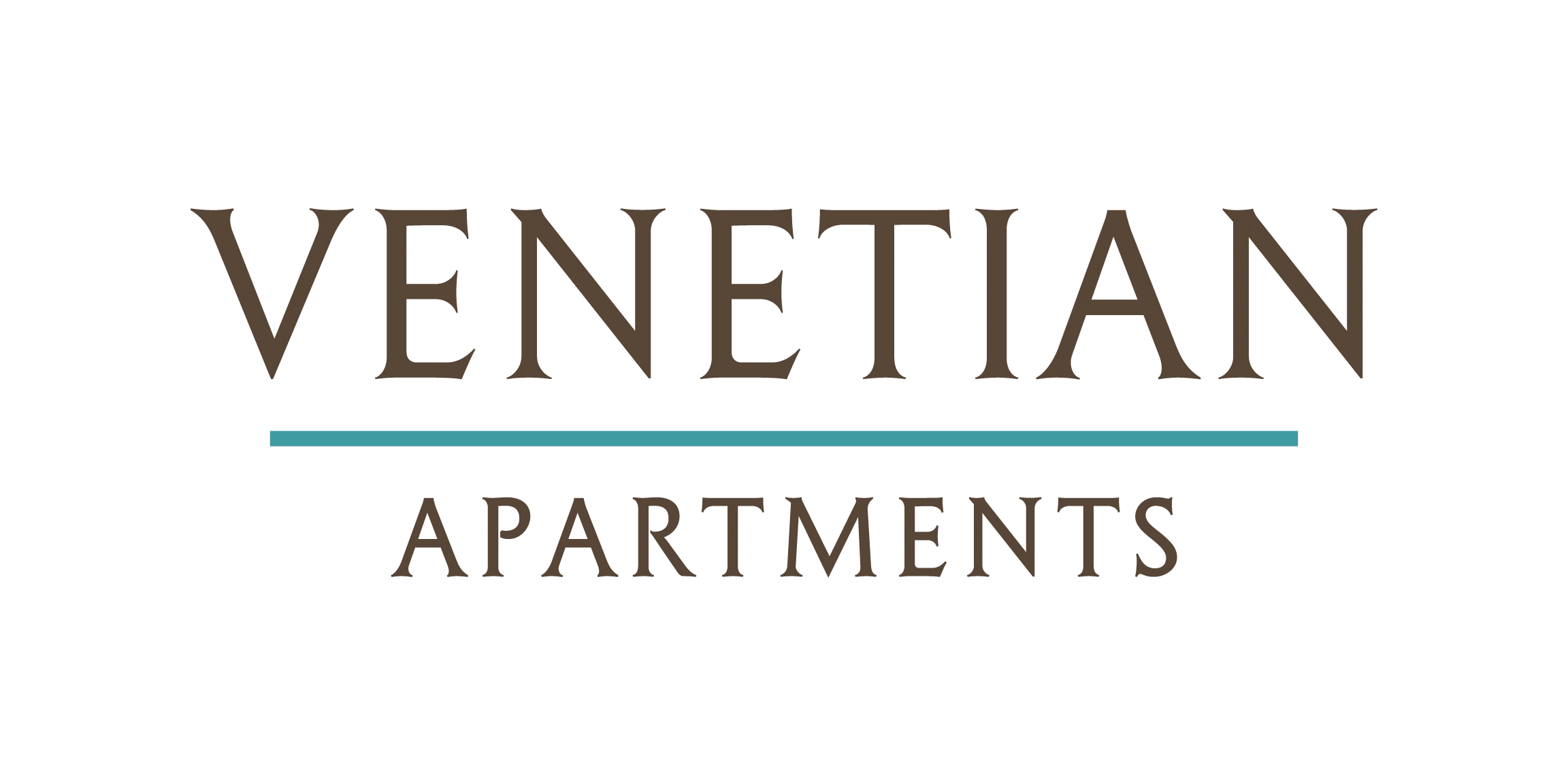 Logo for Venetian Apartments featuring the word 'VENETIAN' in brown with a blue line underneath, and the word 'APARTMENTS' in brown below it.