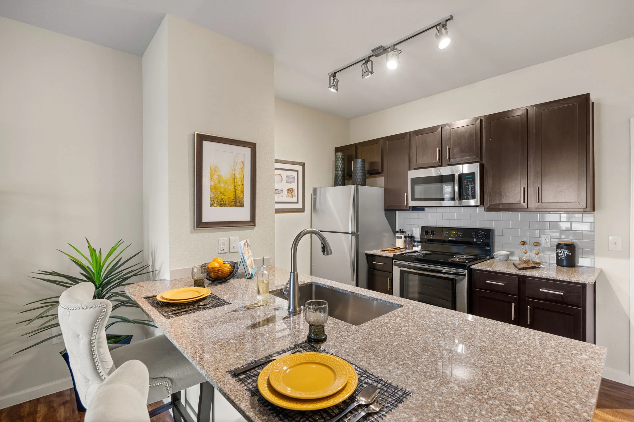 Modern Kitchen Interior A modern kitchen featuring dark wood cabinetry, stainless steel appliances, and a granite countertop. The kitchen includes bar seating with decorative dinnerware and a plant.