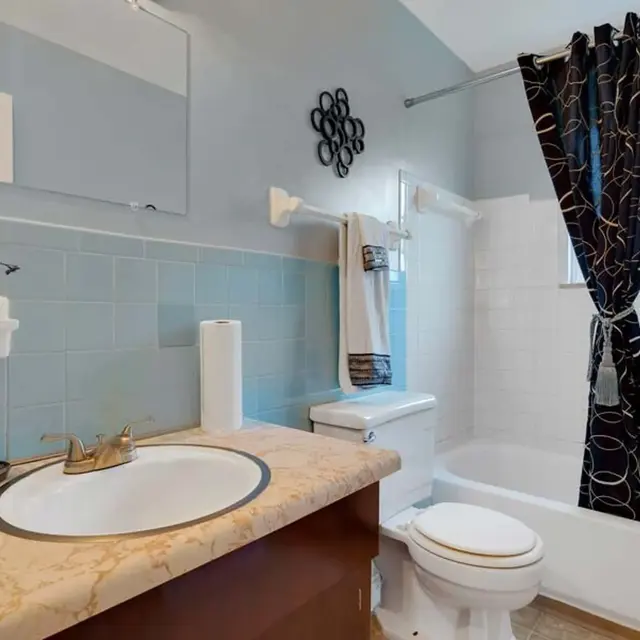An interior view of a bathroom featuring a marble countertop sink, a white toilet, and a bathtub. The bathtub has a shower curtain with a dark pattern, and there's a window allowing natural light to enter.