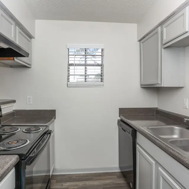 A modern kitchen with a black stove, multiple cupboards, a sink with two basins, and a window.