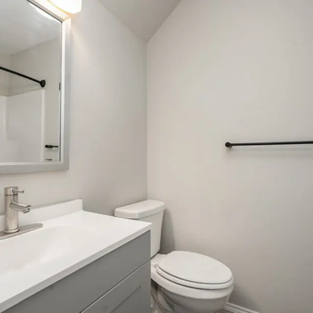 A modern bathroom featuring a white vanity with a sleek sink, a large mirror, a toilet, and a towel rack.
