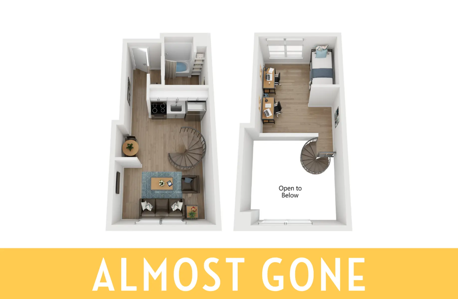 A 2D layout of a small residential space featuring two floors. The lower level shows a kitchen, dining area, and living room with a spiral staircase. The upper level displays a bedroom and office spaces. A caption at the bottom reads 'Almost Gone.'