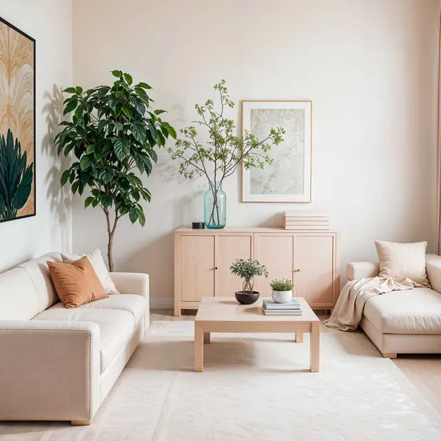 A modern living room featuring two light-colored sofas, a coffee table, a decorative plant, a piece of wall art, and a storage cabinet.