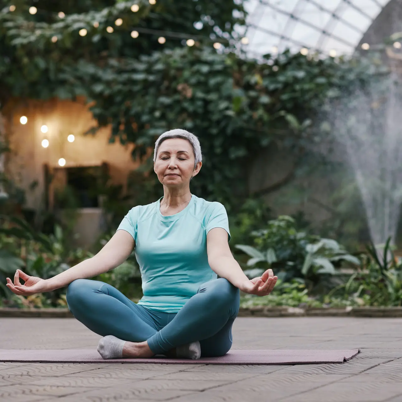 A woman in a light blue top and blue pants is seated on a yoga mat in a greenhouse. She has her hands relaxed on her knees and eyes closed, practicing meditation amid lush greenery and soft lighting.