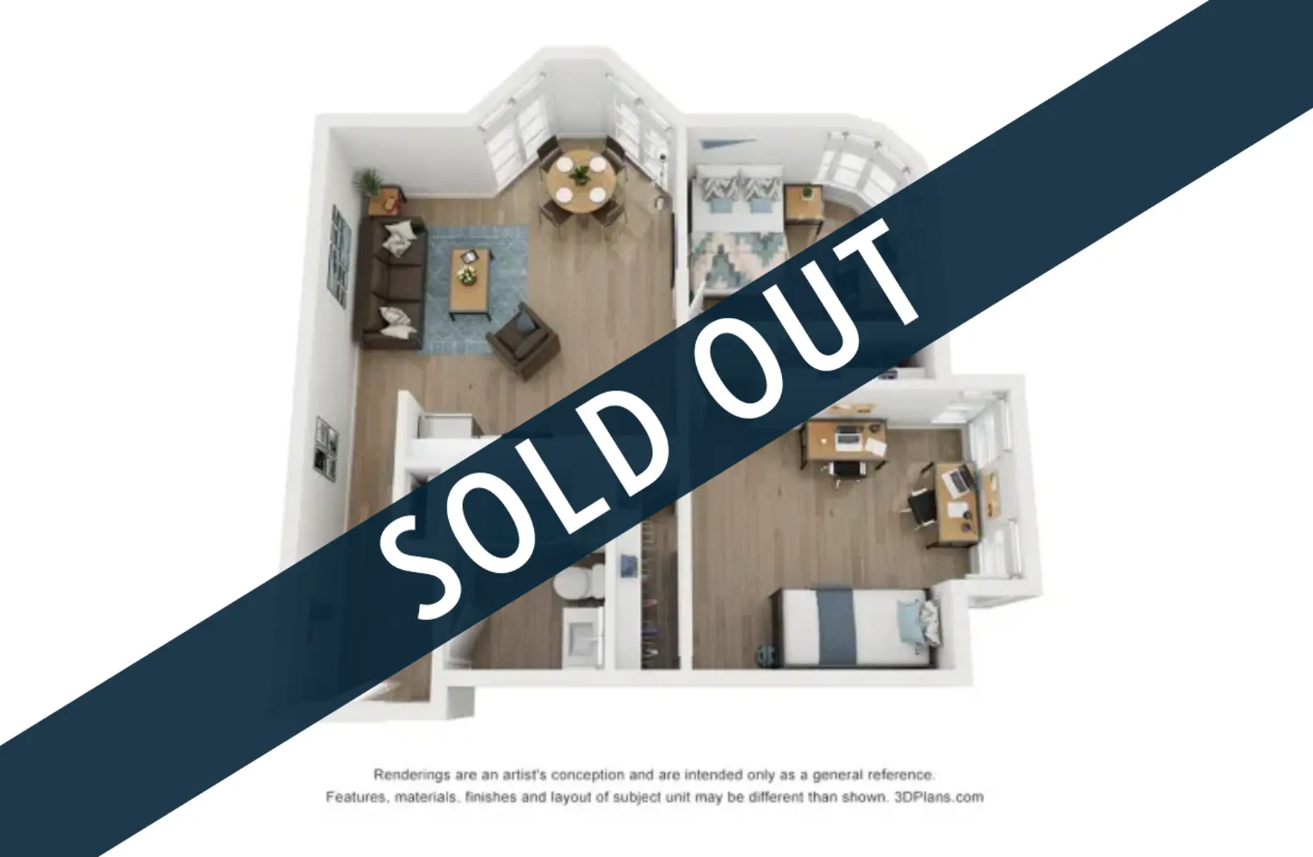 A 3D floor plan of a residential space with a watermark reading 'SOLD OUT'. The layout features distinct living areas, a kitchen, and two bedrooms, with furniture shown in a modern style.