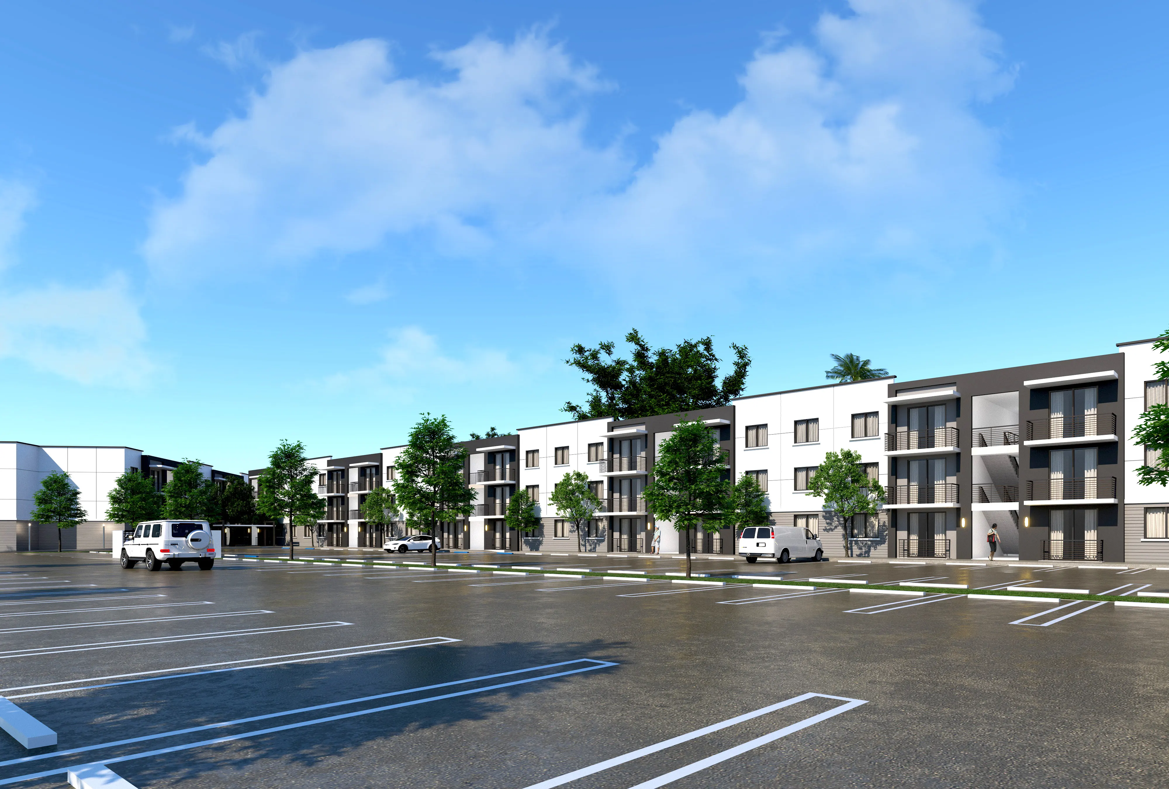 Modern Apartment Complex Design Rendering of a modern apartment complex with a parking lot and trees, under a clear blue sky.
