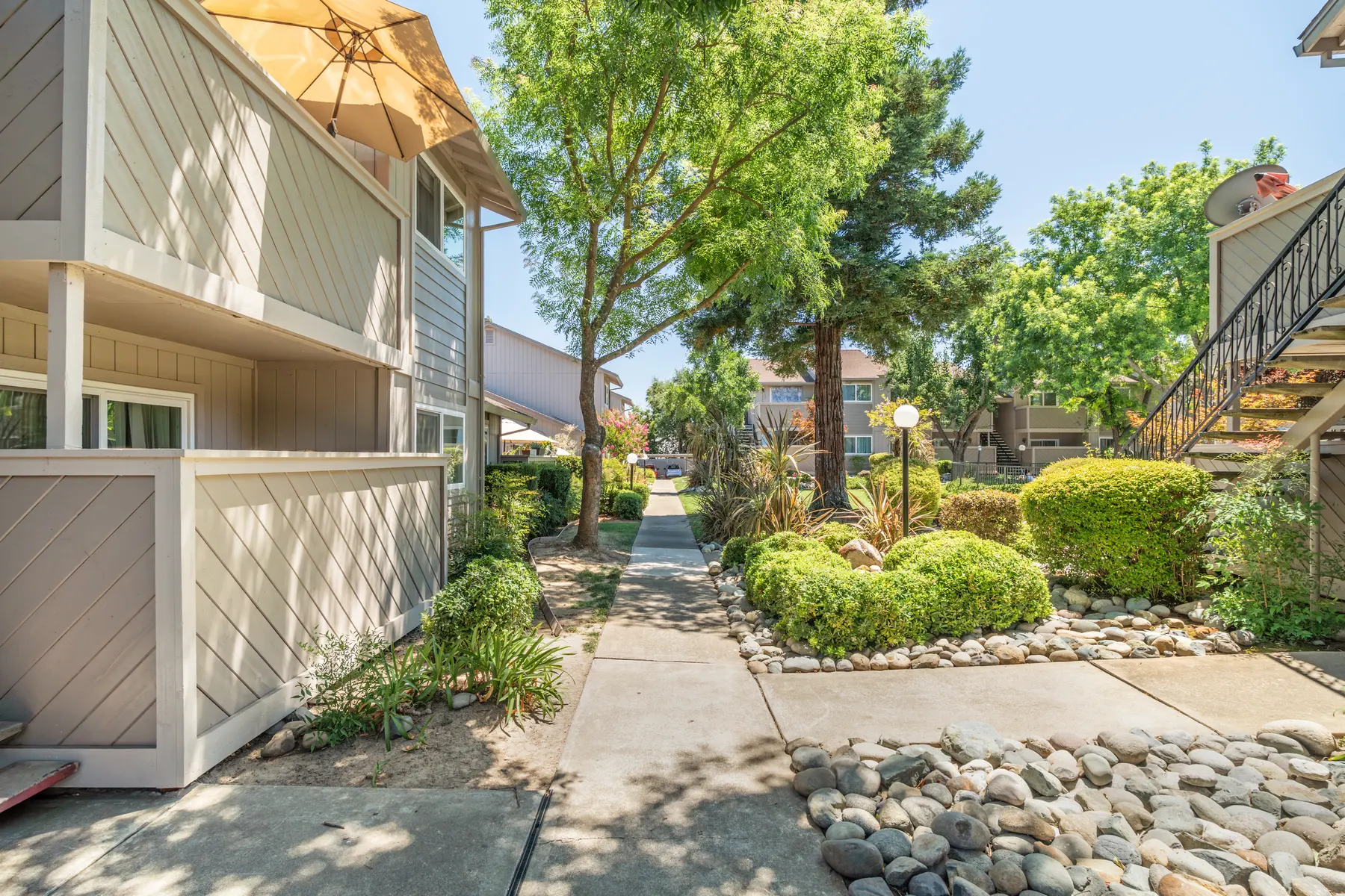 A sunny pathway lined with green bushes and trees in an apartment complex, with a mix of stone and concrete paving.
