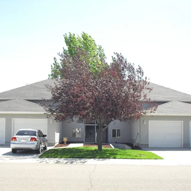 Modern Residential Building A modern residential building with a symmetrical design, featuring a gray exterior and multiple garages. In front of the building, there are two parked cars and a large tree with green and reddish leaves.