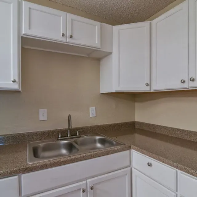 A small kitchen area featuring white cabinets, a double sink, and a granite countertop.