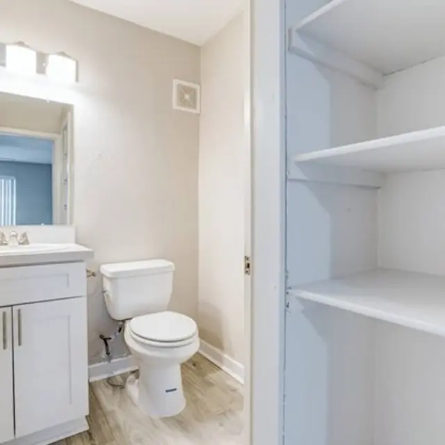 A modern bathroom featuring a white toilet, a sink with a cabinet, a mirror, and an adjacent empty shelving unit.