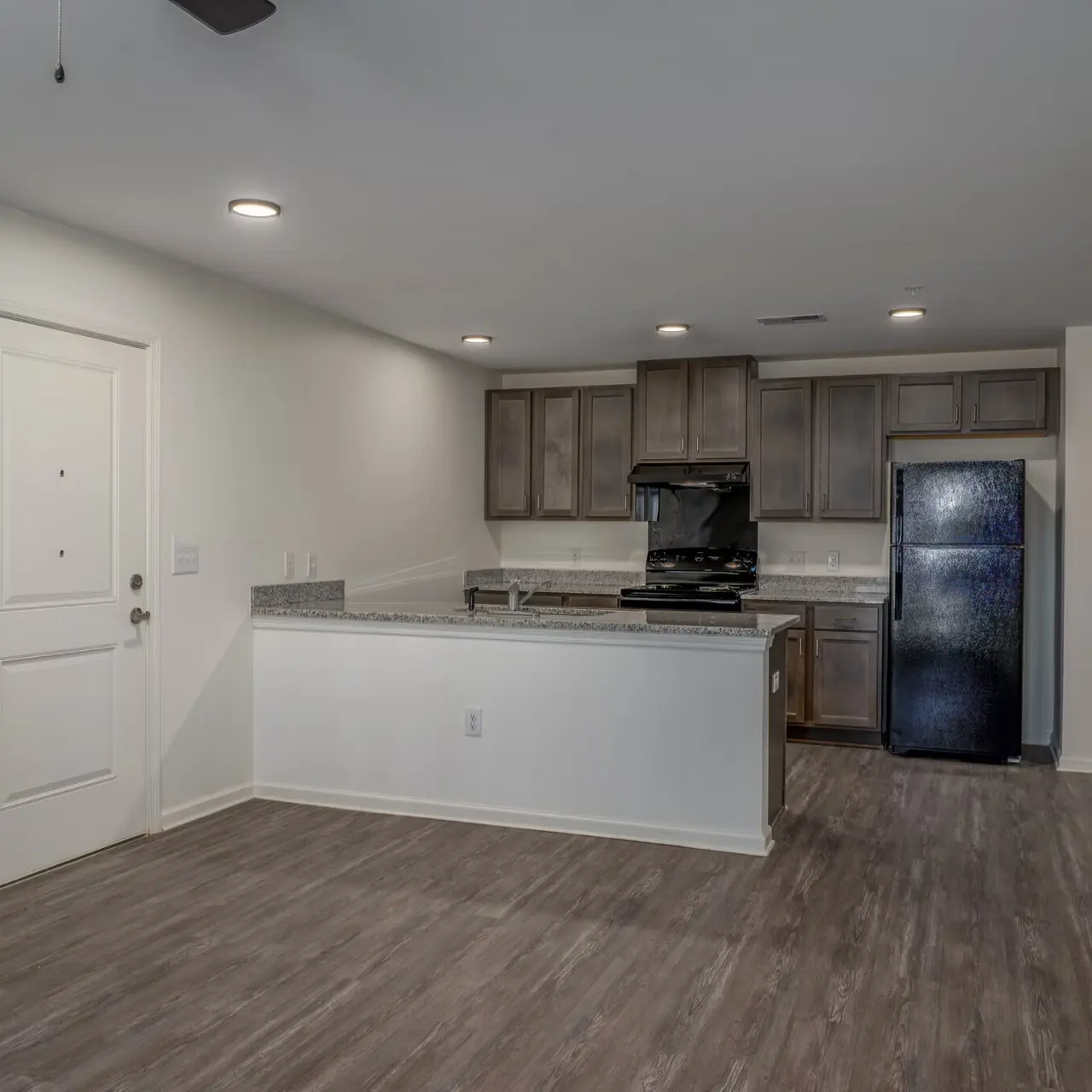 Open layout of a modern kitchen and living area in an apartment with wooden floors and cabinetry.