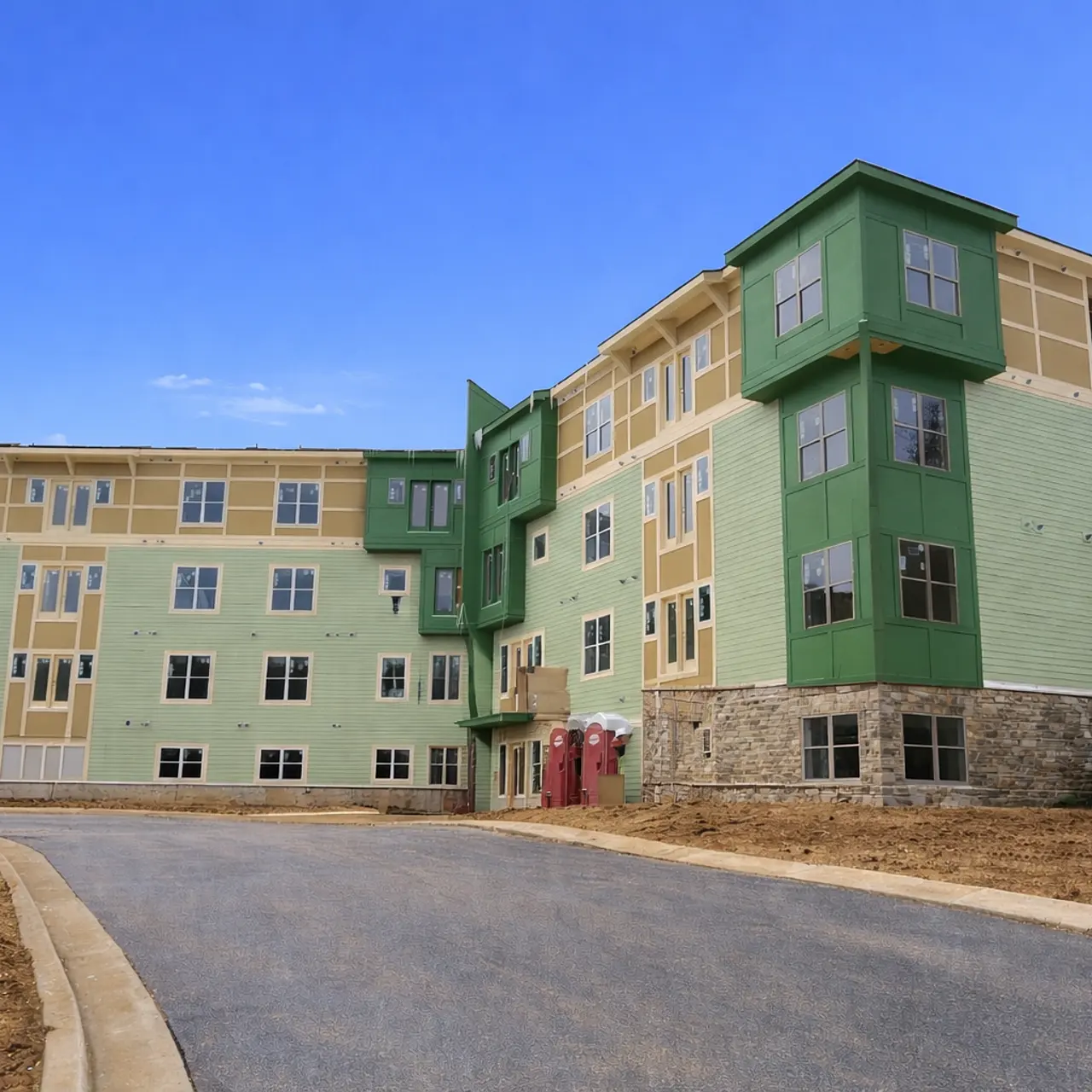 A newly constructed apartment complex with green and beige siding, featuring multiple floors and large windows. A newly paved road leads toward the building, set against a blue sky.