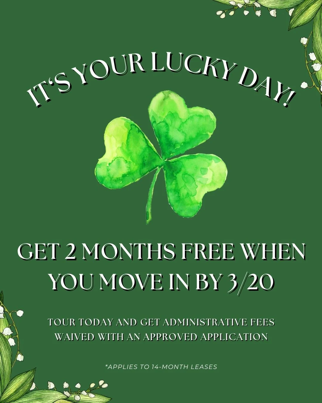 Lucky Day Rental Promotion Promotional poster offering two months free rental with a green shamrock illustration