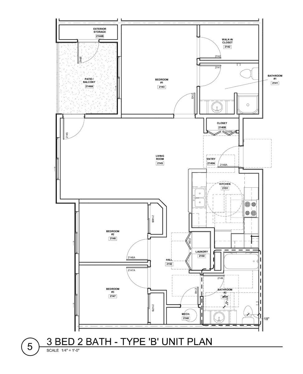 Floor plan of a 3 bedroom, 2 bathroom apartment layout labeled as Type B, including designated areas for living, dining, and kitchen.