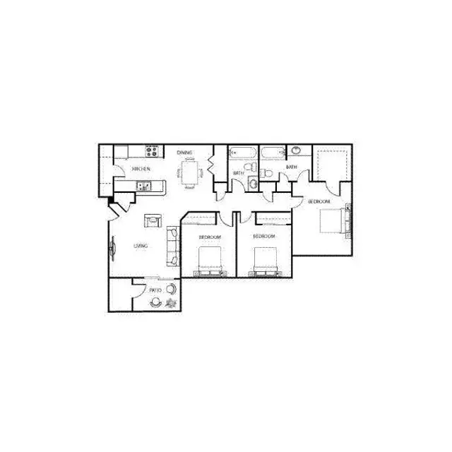 Apartment Floor Plan A detailed floor plan of a residential apartment, featuring labeled rooms such as living room, kitchen, dining area, and bedrooms.