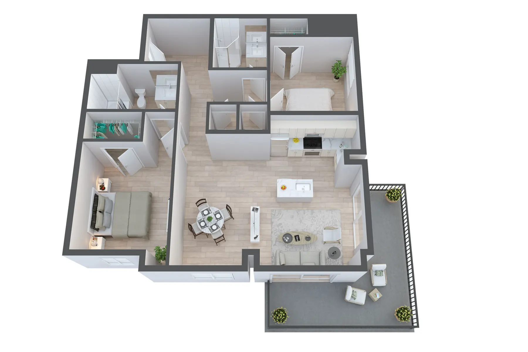 A 3D floor plan of a modern apartment featuring a living room, kitchen, two bedrooms, and a balcony.