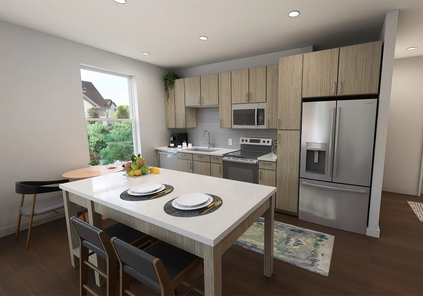 Modern Kitchen Interior A modern kitchen featuring light wood cabinetry, stainless steel appliances, and a dining table with black chairs. A window provides natural light and a view of greenery outside.