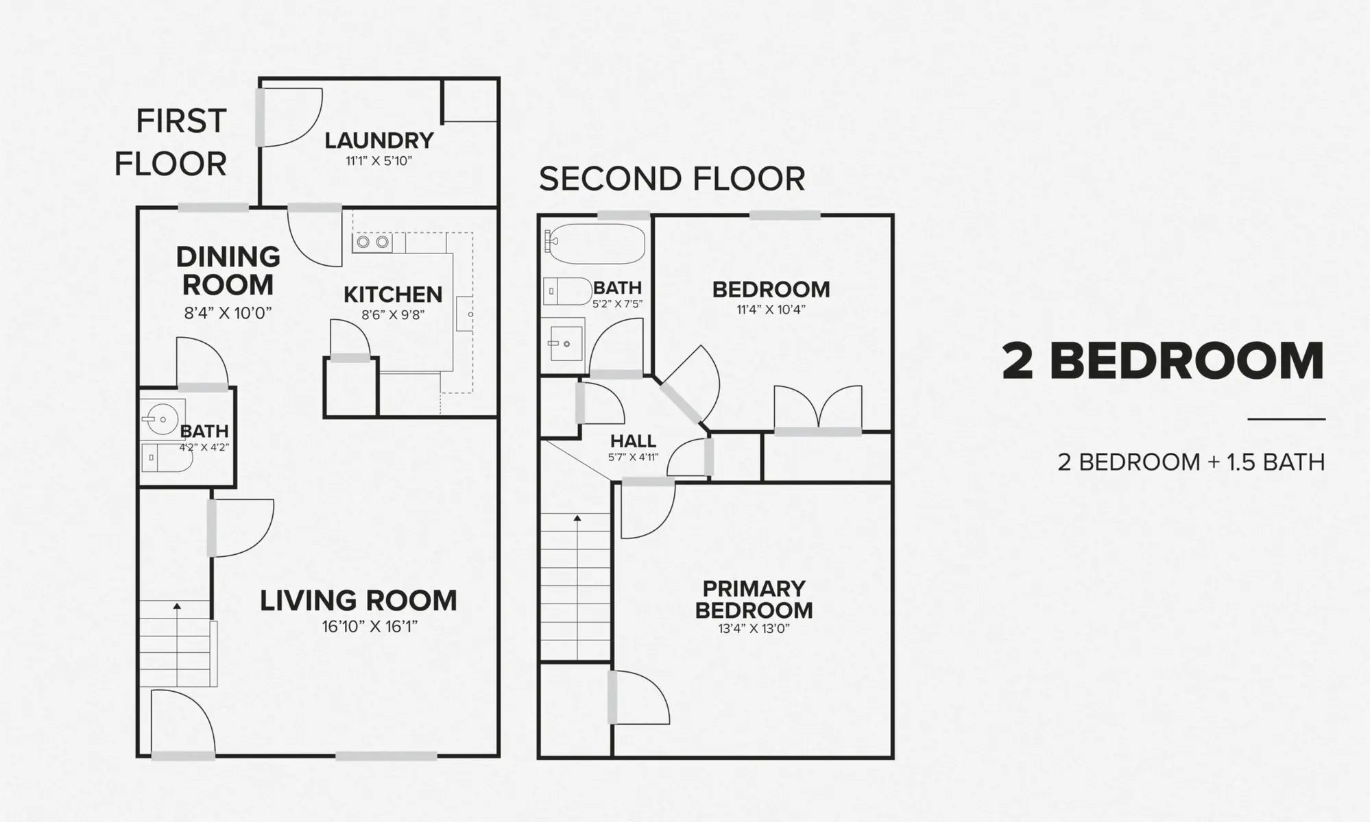 Floor Plan of a 2 Bedroom Unit Floor plan of a two-bedroom unit with dimensions labeled for each room.