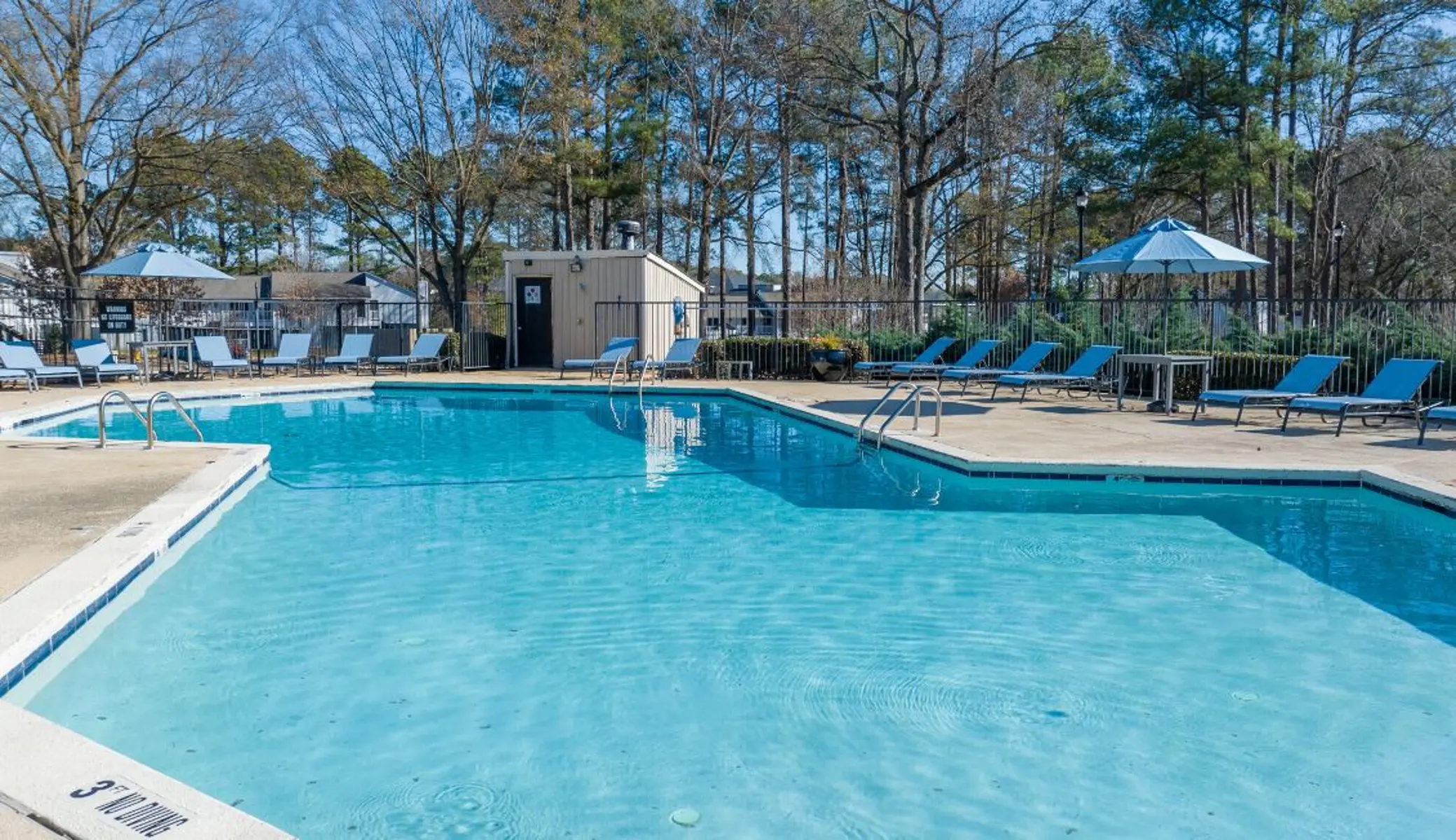 A clear blue swimming pool surrounded by lounge chairs and umbrellas in a sunny outdoor setting with trees in the background.