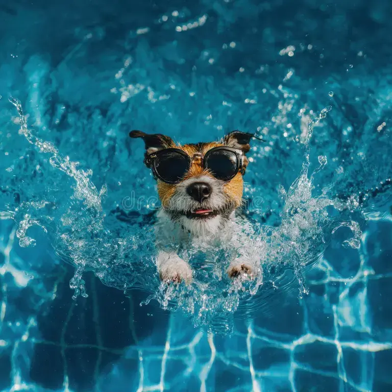 A small dog wearing sunglasses swimming in a pool, creating splashes of water around it.