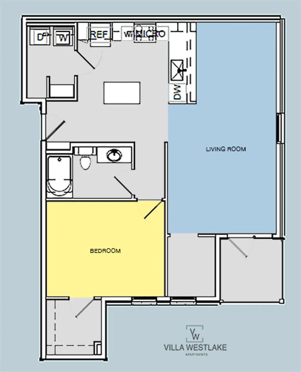 Floor plan of a one-bedroom apartment featuring a living room, bedroom, kitchen, and bathroom.