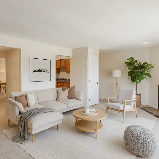 A modern living room featuring a neutral-colored sofa with a throw blanket, a round coffee table, a cozy armchair, and a potted plant. A fireplace is visible in the corner, with light streaming in through large windows. The room has a clean and minimalistic design.