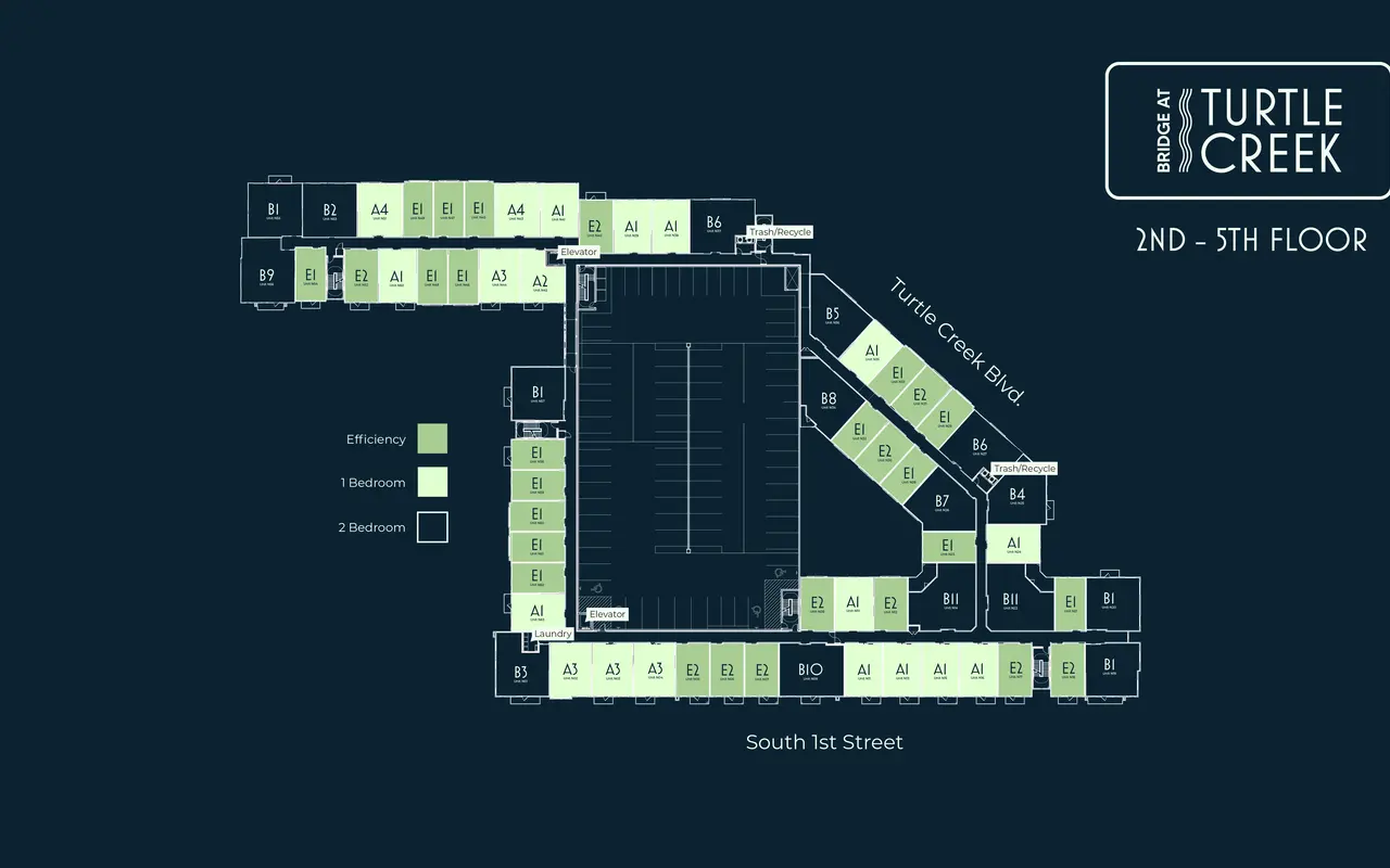Floor plan of the Bridge at Turtle Creek, showing the layout of units on the 2nd to 5th floors.