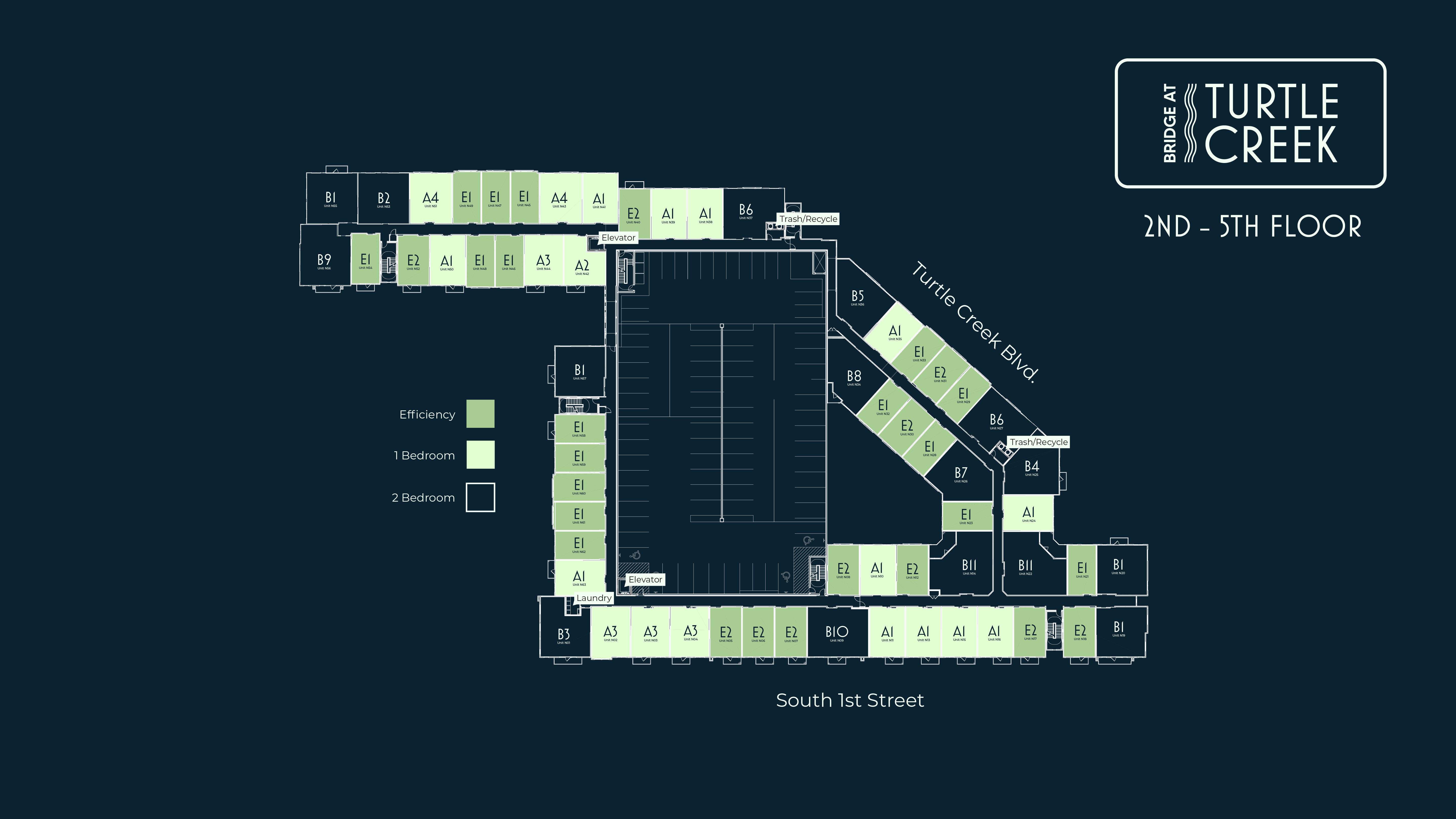 Floor plan of the Bridge at Turtle Creek, showing the layout of units on the 2nd to 5th floors.