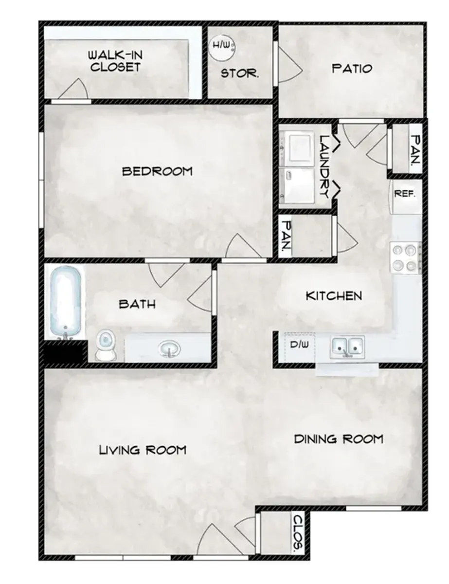 A detailed floor plan for an apartment featuring different labeled rooms. The layout includes a bedroom, bathroom, kitchen, dining room, living room, laundry area, storage, a walk-in closet, patio, and pantry.