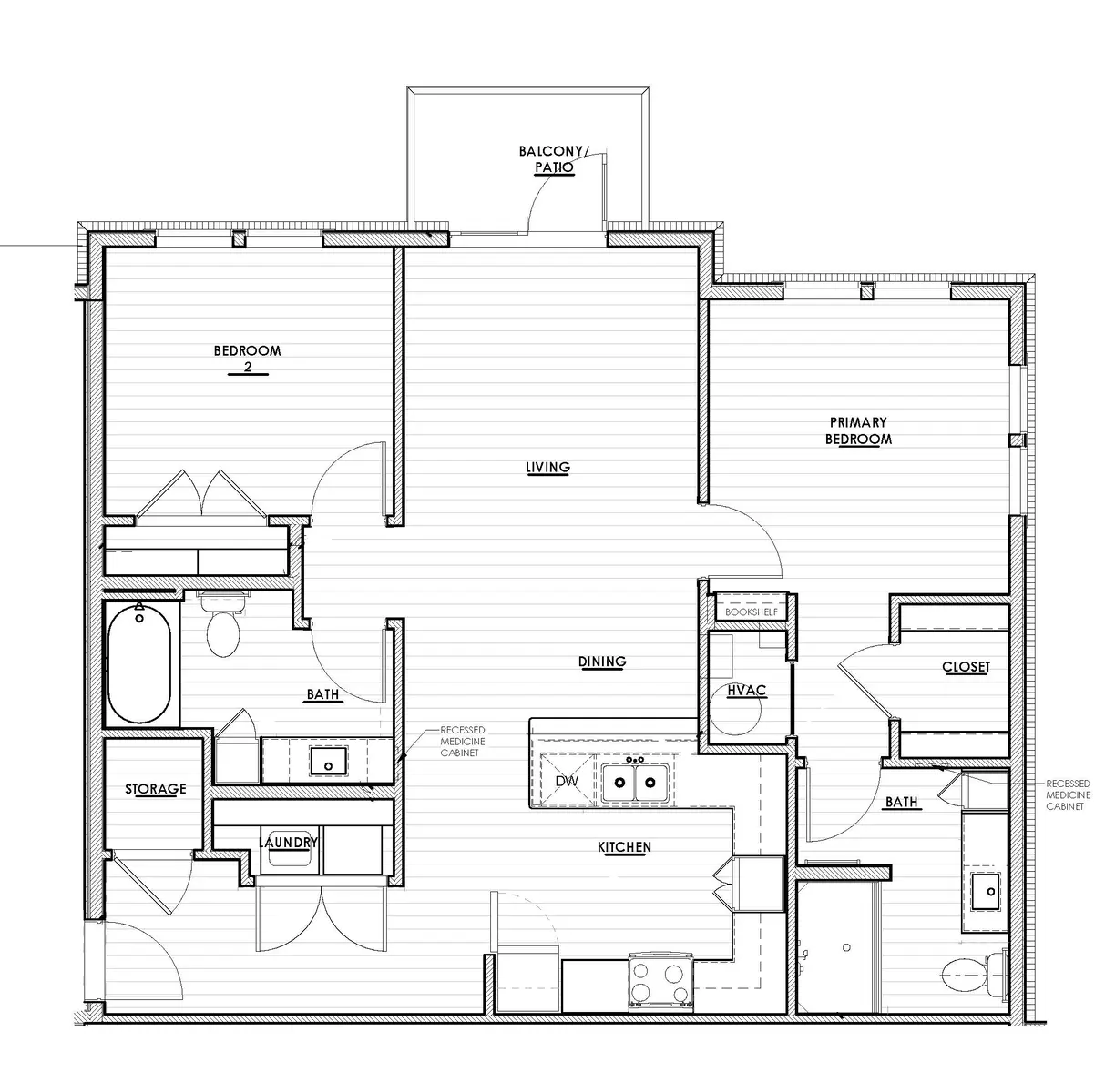 Blueprint of an apartment layout showing two bedrooms, two bathrooms, a living area, kitchen, dining area, and patio.