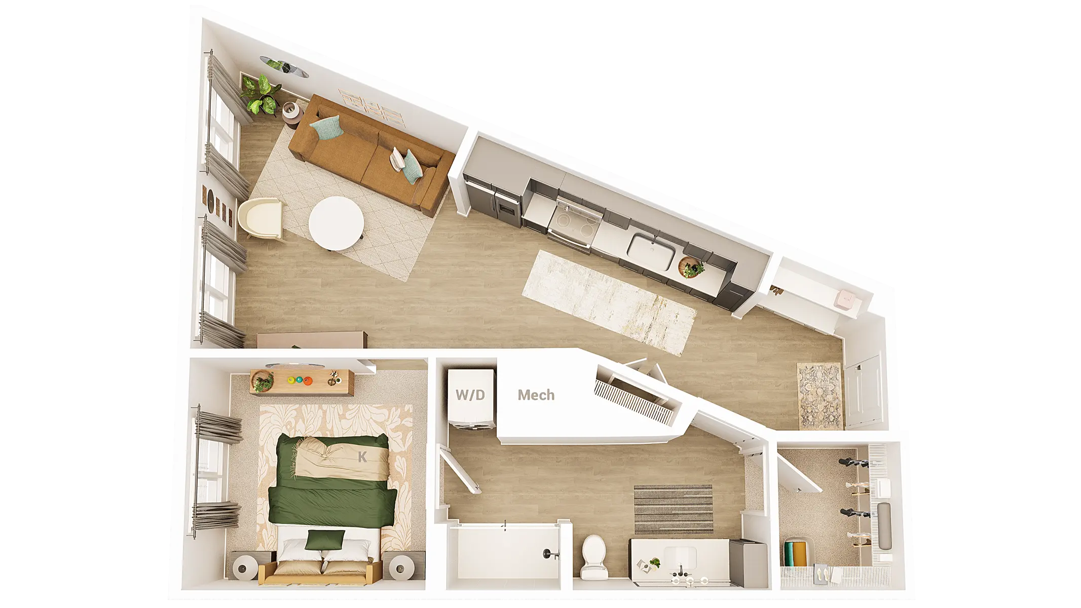 A top-down view of a residential apartment floor plan featuring a living room, kitchen, bedroom, and bathroom.