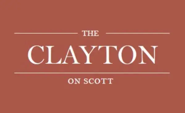 Logo of The Clayton on Scott, featuring elegant typography against a rust-colored background.