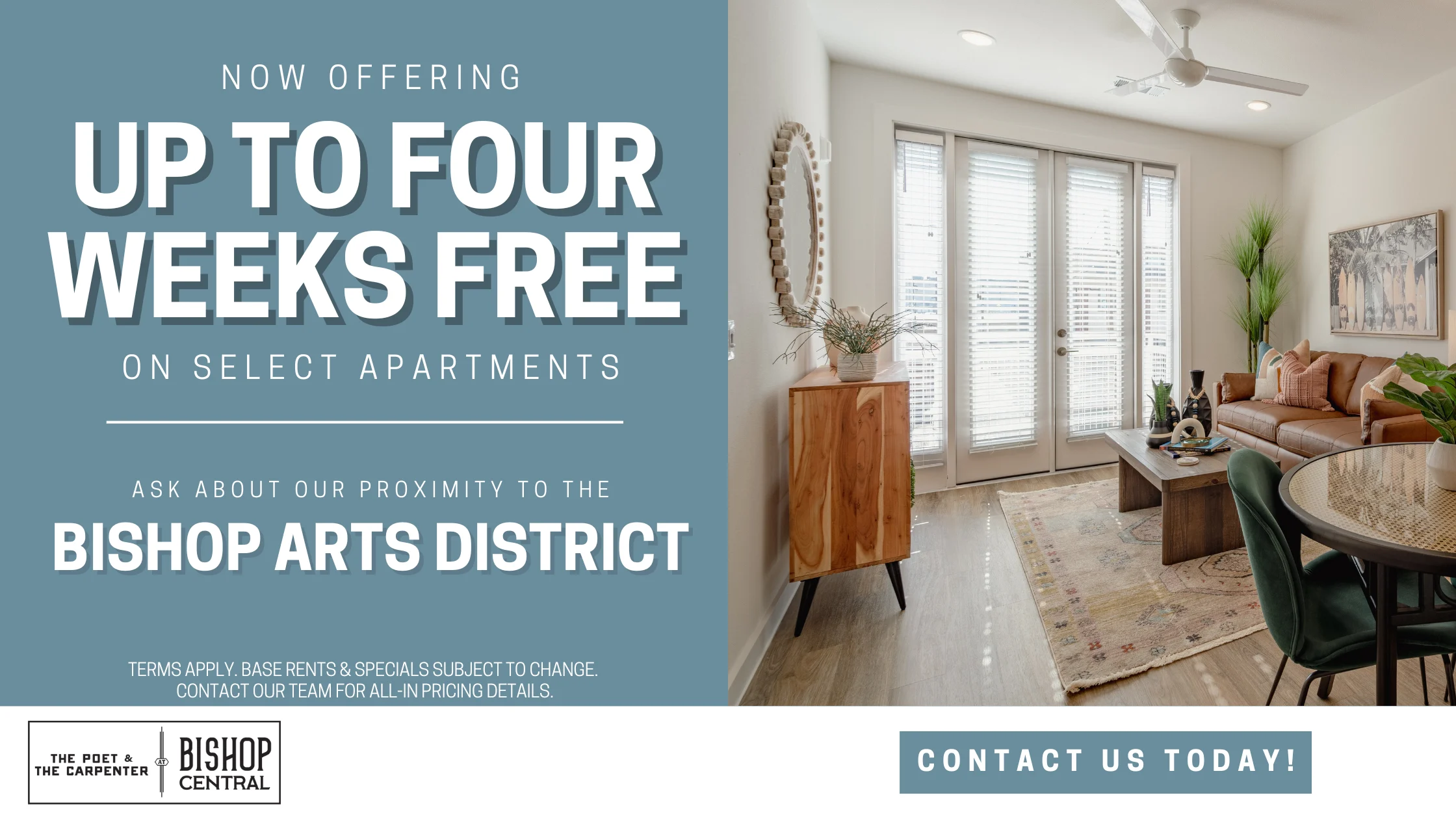 Promotional advertisement for an apartment offering up to four weeks free on select units, featuring a beautifully furnished interior with large windows and modern decor.