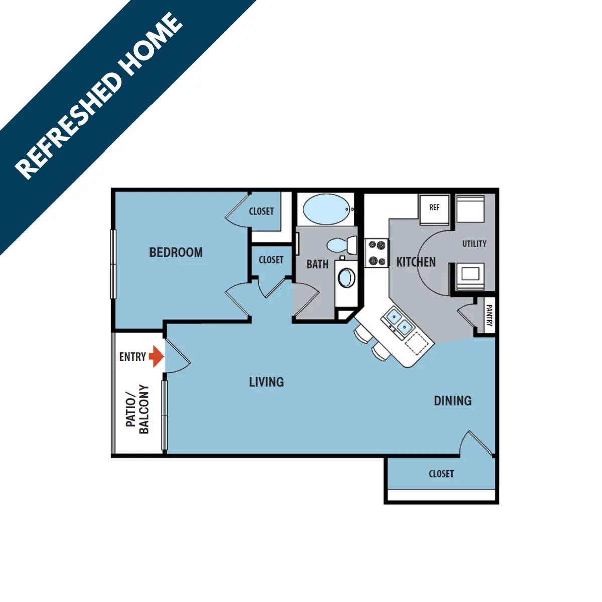 Floor plan of a one-bedroom apartment featuring a living room, dining area, kitchen, bathroom, and patio/balcony entry.