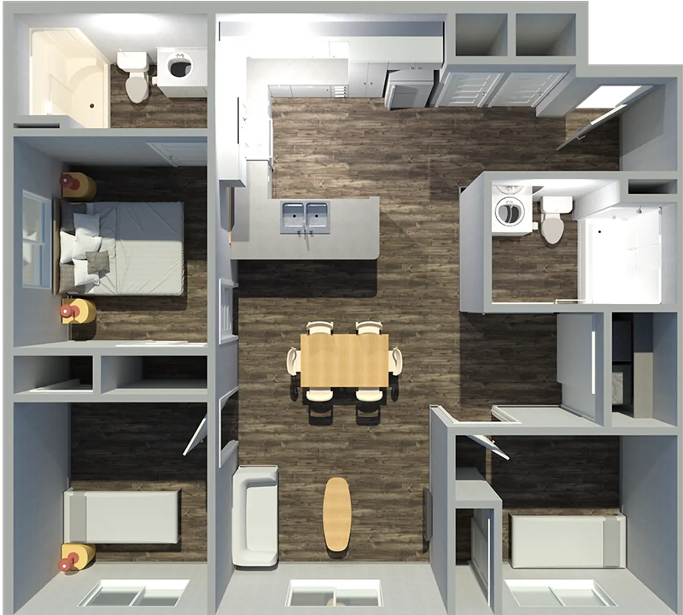 Top-down view of a floor plan for an apartment featuring a living room, dining area, kitchen, two bedrooms, and two bathrooms.