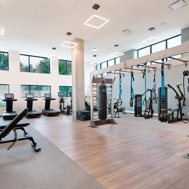Modern Gym Interior A spacious modern gym interior featuring various exercise machines, a workout bench, and a multi-functional training station.