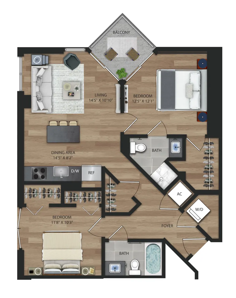 A detailed floor plan of a modern apartment, featuring a living area, balcony, dining area, kitchen, two bedrooms, and three bathrooms. The layout includes dimensions for each room and indicates the placement of furniture and appliances.