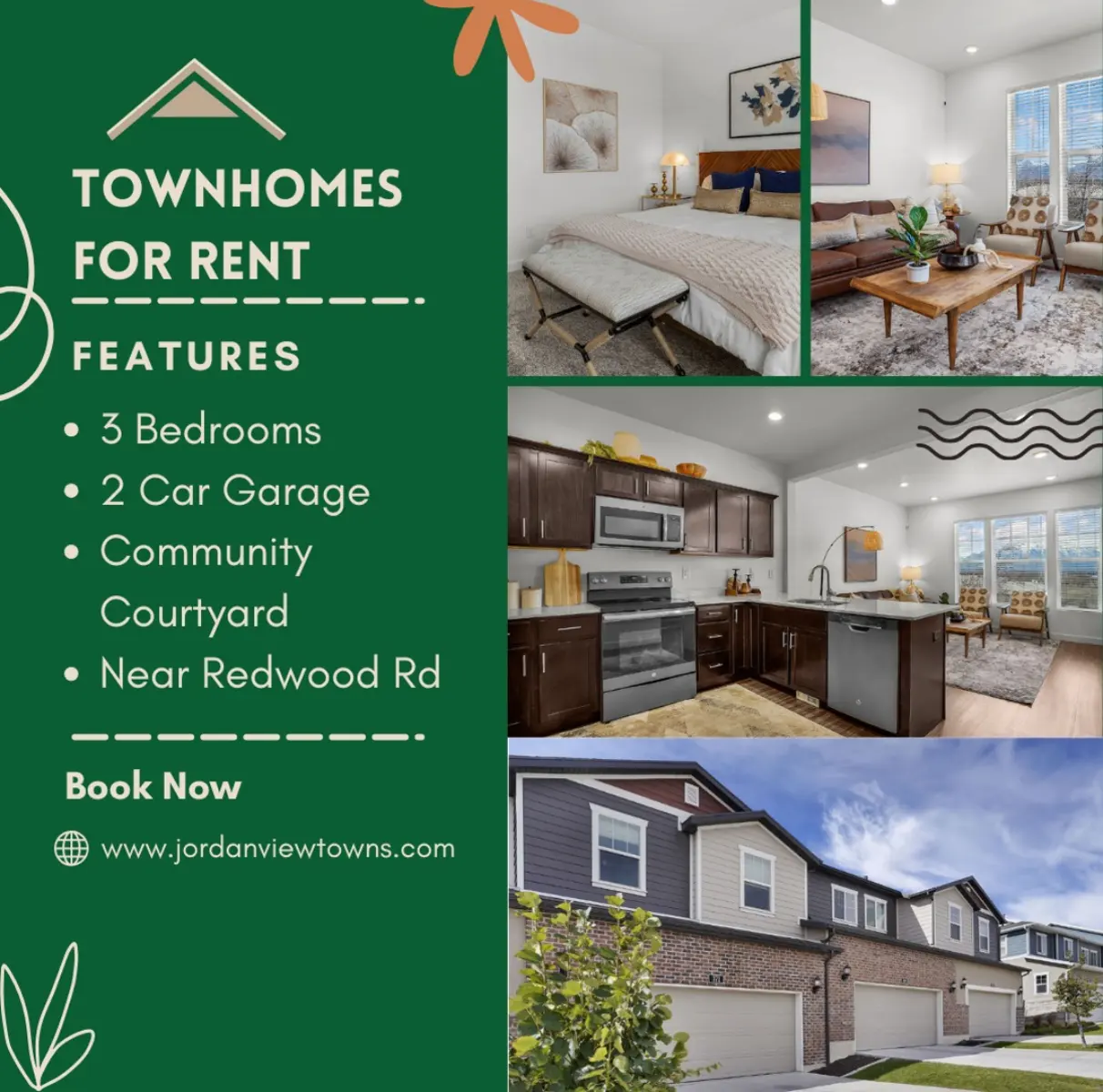 Promotional image for townhomes available for rent, featuring a layout with images of the interior and exterior. Includes details on three bedrooms, a two-car garage, a community courtyard, and location near Redwood Rd.