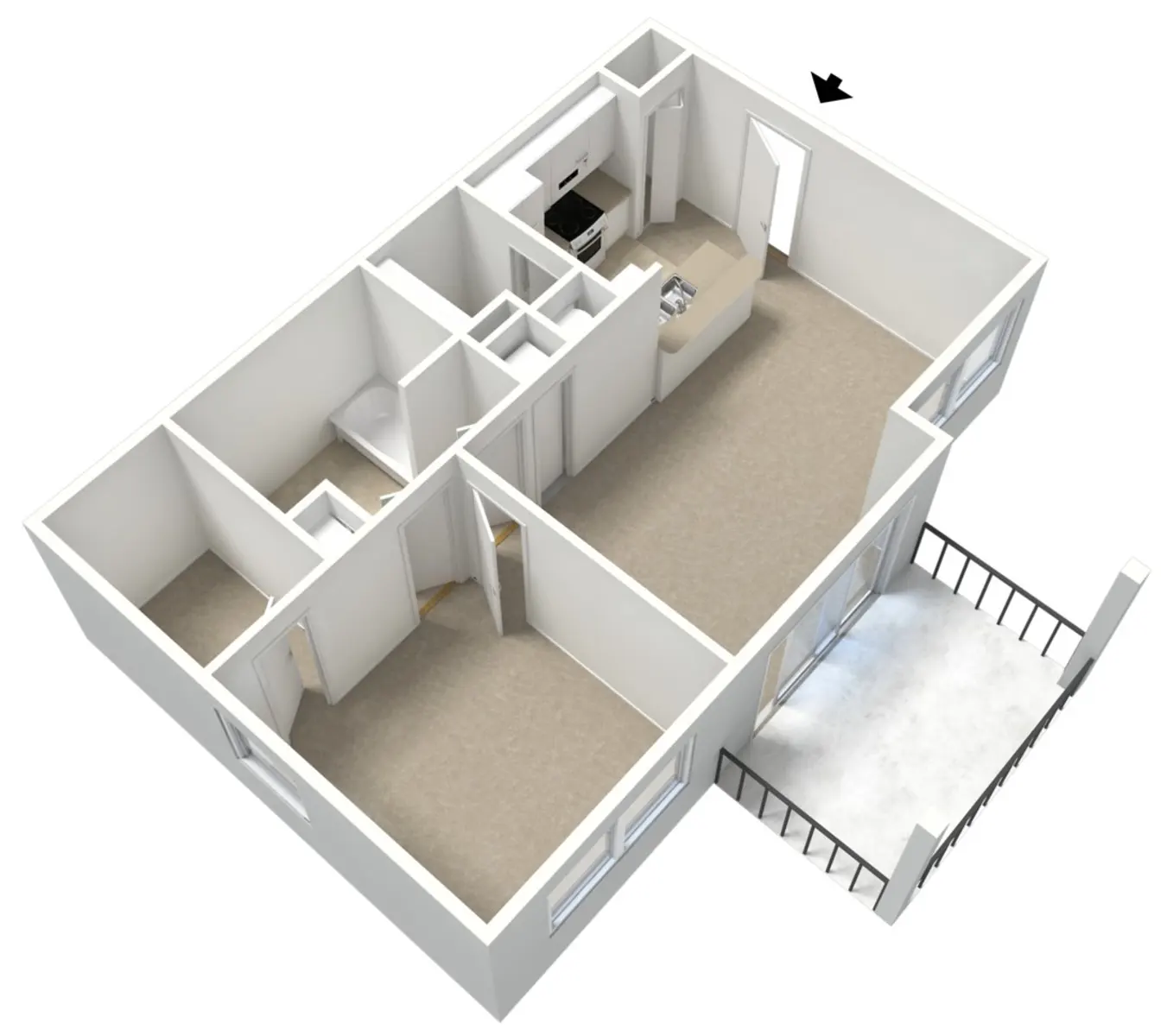 A 3D floor plan of a small apartment showing a kitchen, living area, and two rooms, with a balcony leading outside.