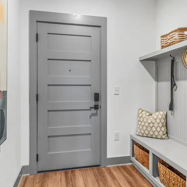 A modern entryway featuring a grey door, light wood flooring, and decorative accents.