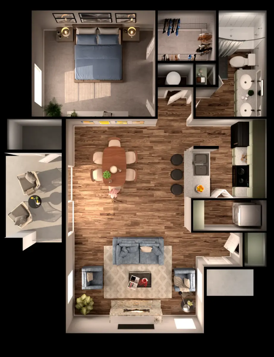 A top-down view of an apartment layout, featuring a living room with a sofa and coffee table, a dining area with a round table and chairs, a kitchen with bar stools, and a bedroom with a bed. There are also two bathrooms and additional spaces visible.