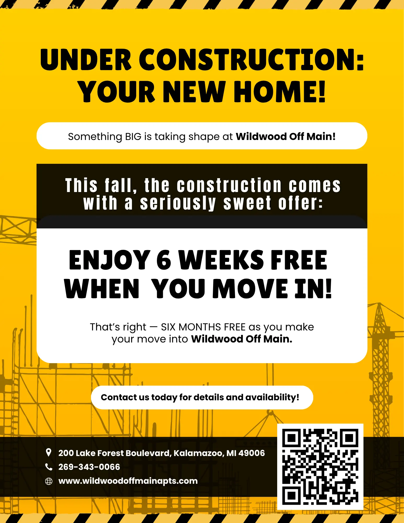 Construction announcement for Wildwood Off Main offering six weeks free rent.