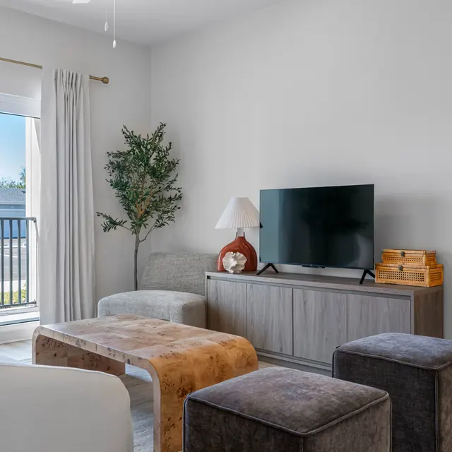A bright and modern living room featuring a television on a wooden unit, a cozy gray sofa, and stylish ottomans. The room has a glass door leading to a balcony with palm trees visible outside. The decor includes a green plant and neutral colors.