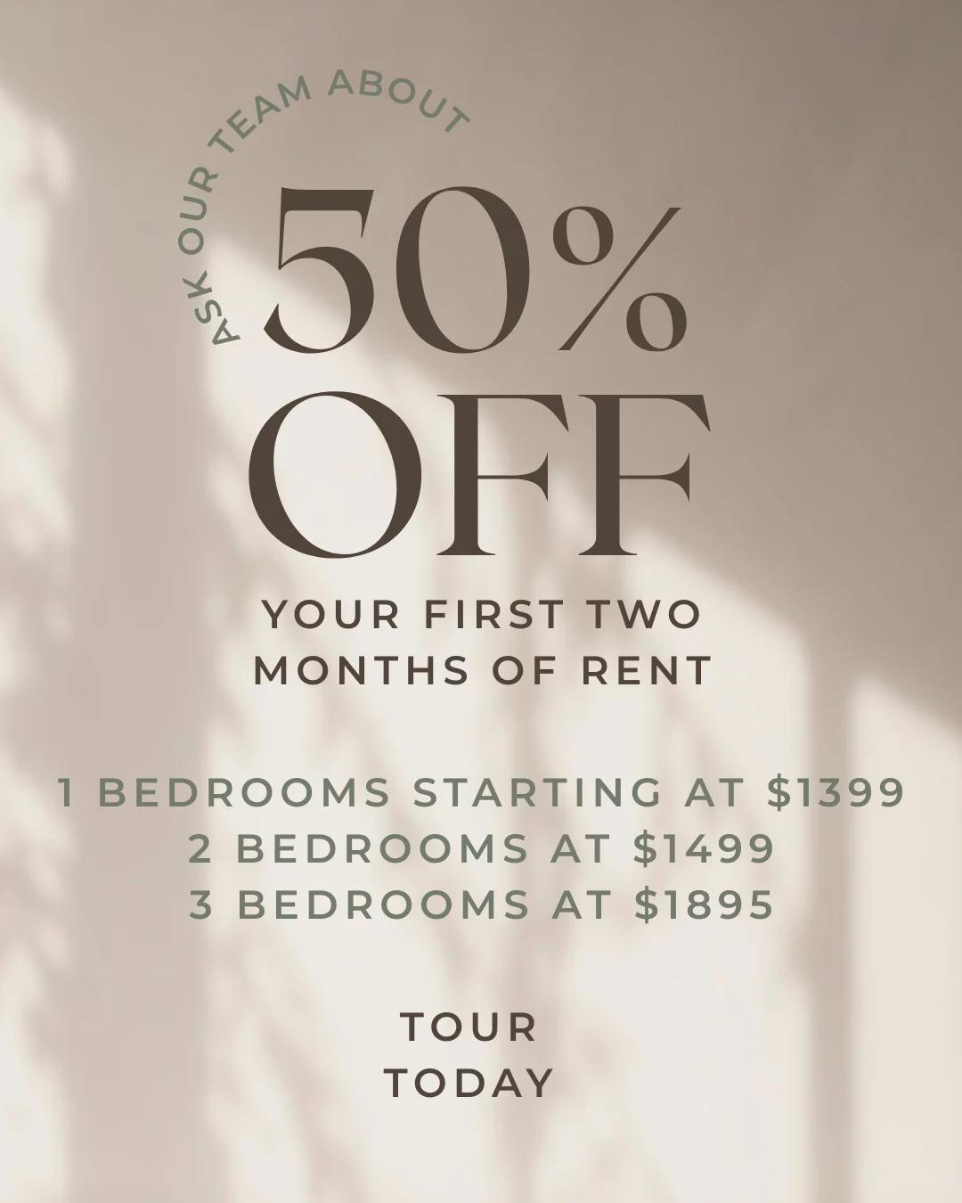 Promotional graphic for apartment rentals offering a discount on the first two months of rent.