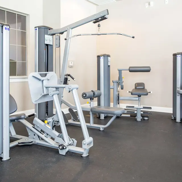 Modern Gym Setup Modern gym equipment including weight machines in a bright, well-lit space.