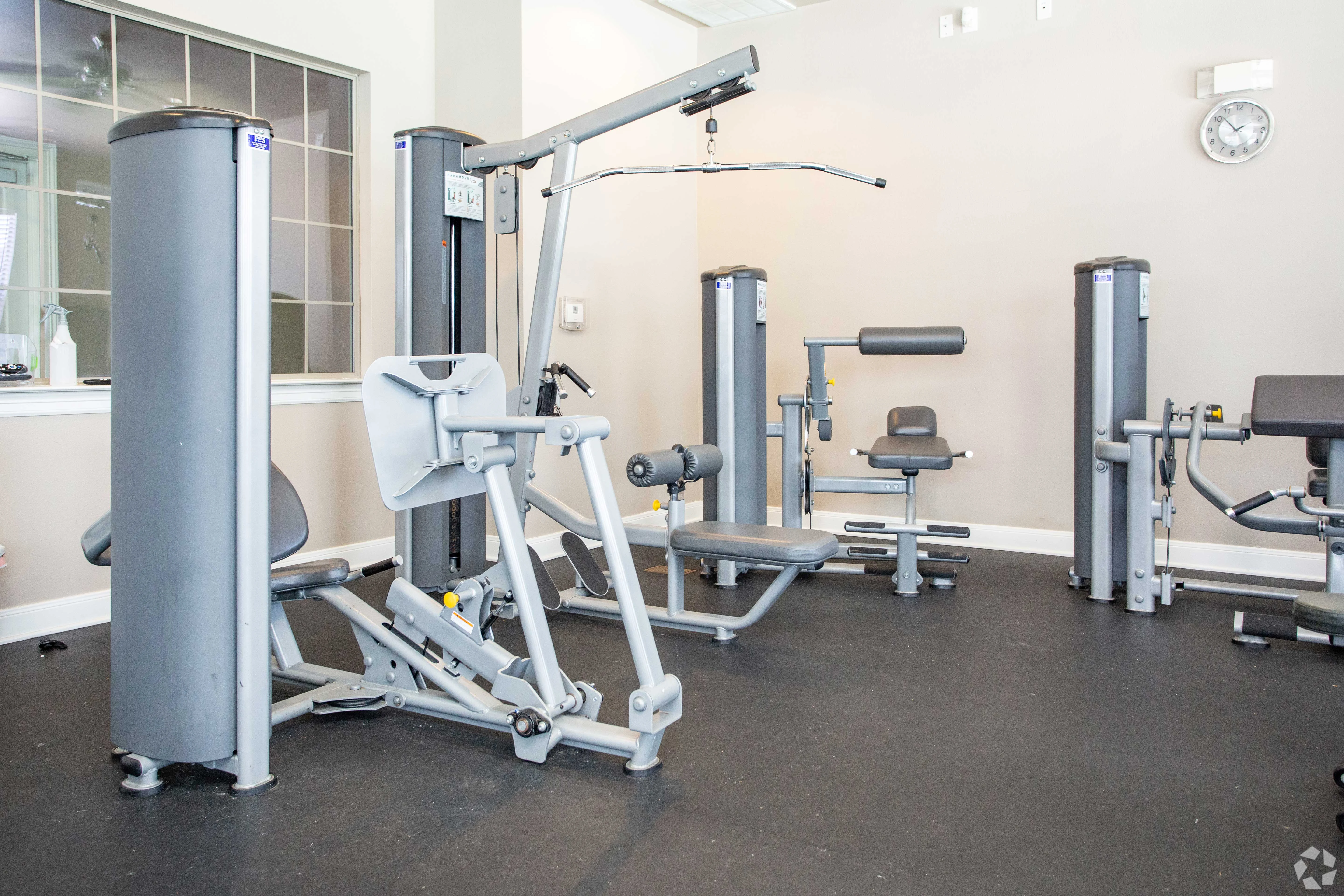 Modern gym equipment including weight machines in a bright, well-lit space.